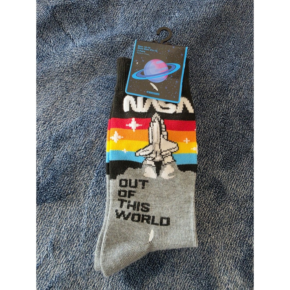 NASA Out Of This World Space Shuttle Crew Socks 2 Pair Set Mens Size 10-13